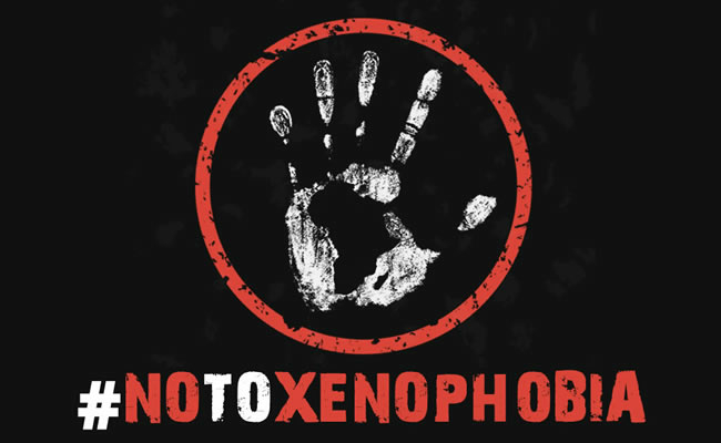 Anti-xenophobia graphic with Africa silhouette and #NOTOXENOPHOBIA hashtag